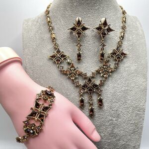 Rare Gold Tone Vintage Brown AB Glass Rhinestone Necklace Bracelet Earrings Set